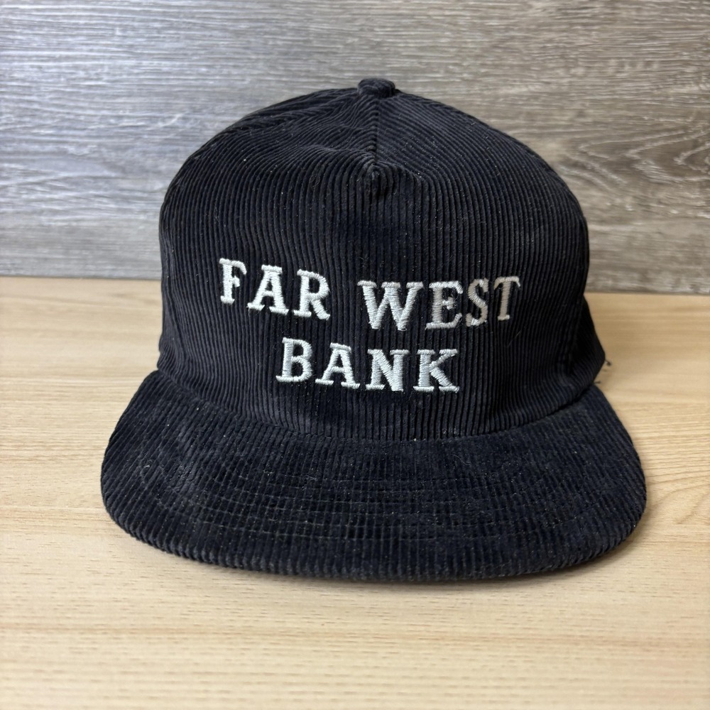 Vintage Far West Bank Hat Cap Snap Back Black Corduroy Embroidered Mens‎